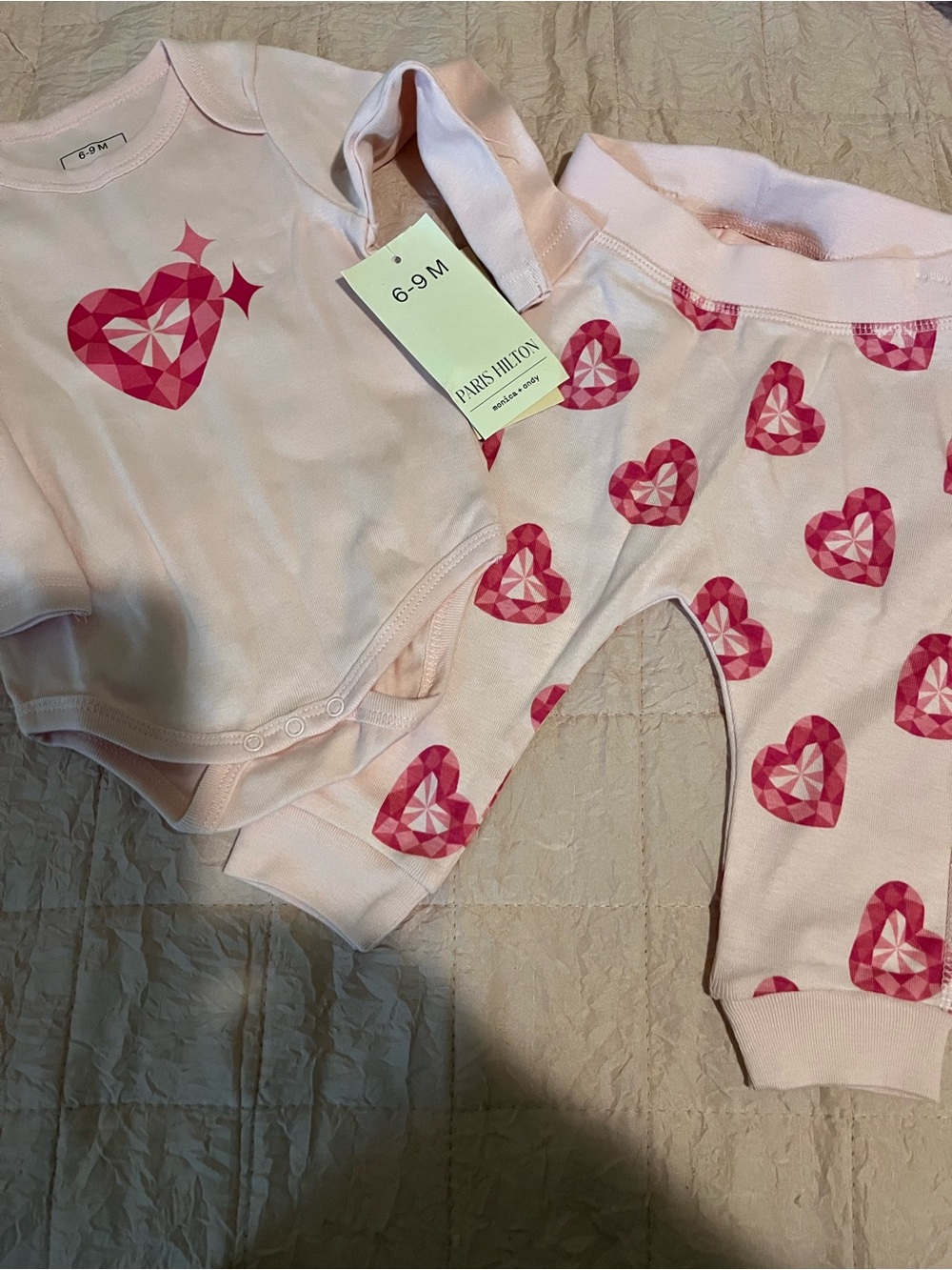 Paris Hilton Light Pink Pajama Set with Dark Pink Geometric Hearts